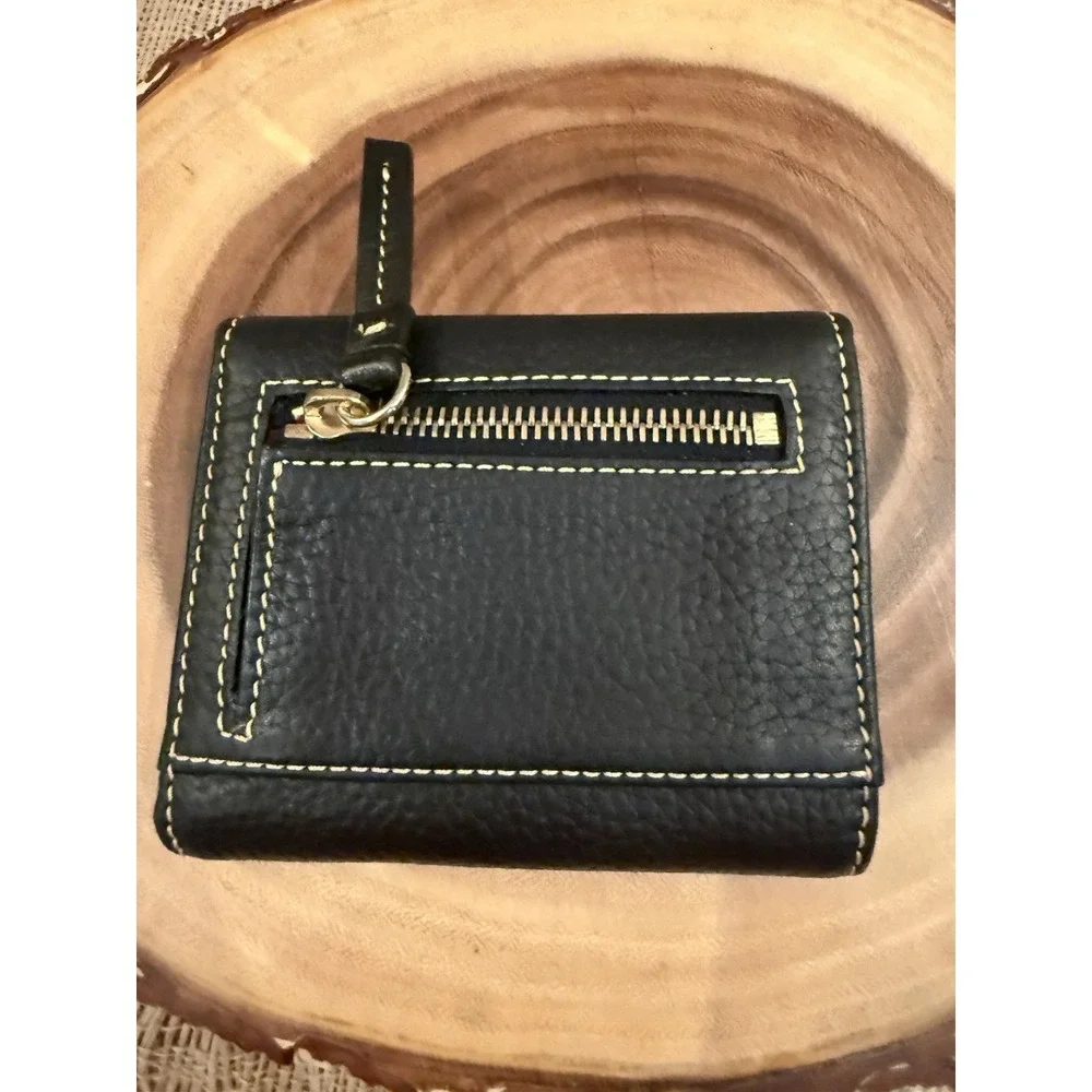 Dooney & Bourke Pebble Grain Leather Flap Zip Wallet BLACK Tri Fold